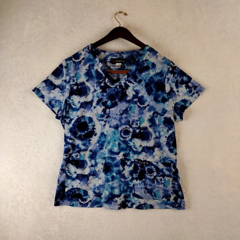 Koi Basics Scrub Top Blue White Tie Dye V-Neck Nurse Wear Medical XL